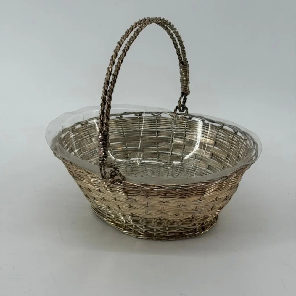 Vintage Silver Tone Woven Wire Oval Basket with Swing Handle and Liner
